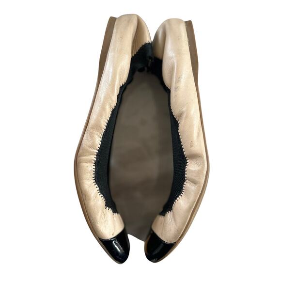 J.Crew Nude Leather Black Trim Cap Toe Slip On Elastic Flats - Picture 7 of 8